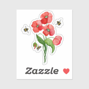 Delicate scarlet poppy flower and bumblebees