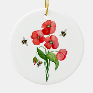 Delicate scarlet poppy flower and bumblebees ceramic tree decoration