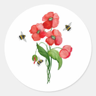 Delicate scarlet poppy flower and bumblebees classic round sticker