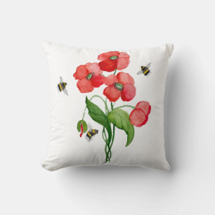 Delicate scarlet poppy flower and bumblebees cushion