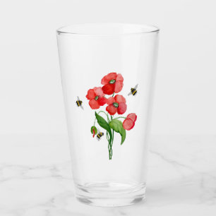 Delicate scarlet poppy flower and bumblebees glass