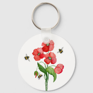 Delicate scarlet poppy flower and bumblebees key ring