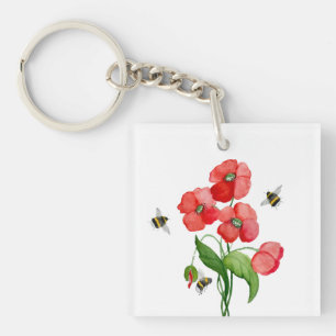 Delicate scarlet poppy flower and bumblebees key ring