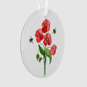 Delicate scarlet poppy flower and bumblebees ornament
