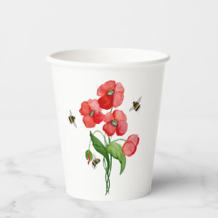 Delicate scarlet poppy flower and bumblebees paper cups