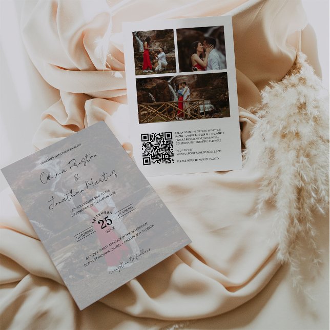 Delicate Script 4 Photos Wedding QR Code RSVP Invitation (Creator Uploaded)