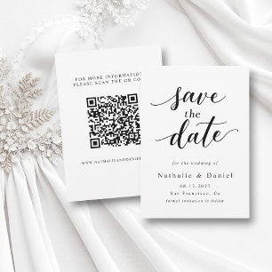 Delicate Script Black and White QR Code Wedding Save The Date