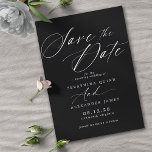 Delicate Script | Modern Black Moody Wedding Save The Date<br><div class="desc">Simple and elegant save the dates featuring "Save the Date" text in a vintage-inspired script. Contrasting white font on a black background.</div>