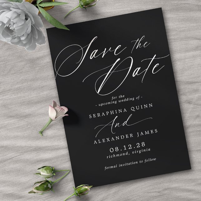 Delicate Script | Modern Black Moody Wedding Save The Date (Creator Uploaded)