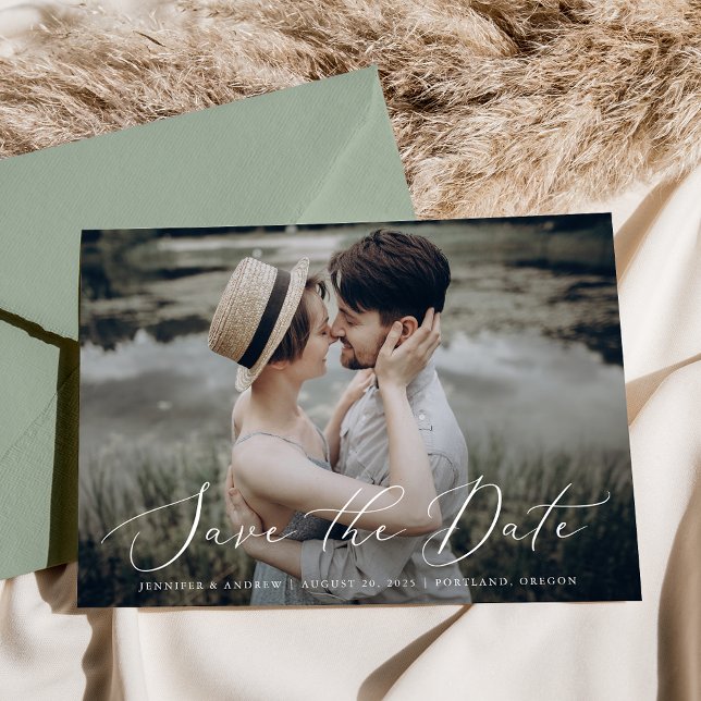Delicate Script Photo Save The Date Announcement (Creator Uploaded)