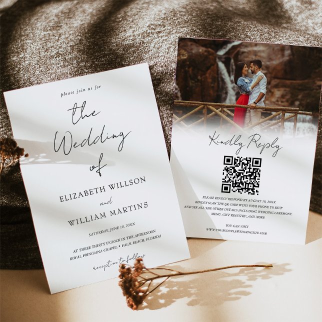 Delicate Script QR Code RSVP Photo Wedding Invitation (Creator Uploaded)