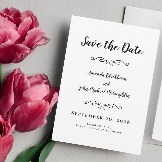 Delicate Script Romantic Calligraphy Black Elegant Save The Date (Creator Uploaded)