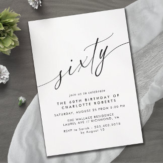 Delicate Script Simple Black & White 60th Birthday Invitation