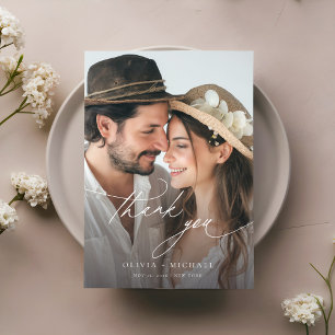 Delicate Script Simple Photo Wedding Thank You Card