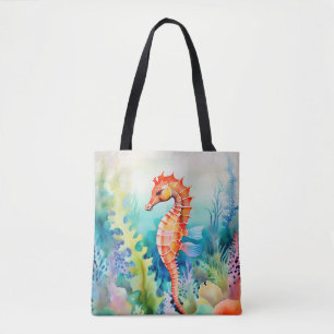 Delicate Seahorse with Coral Reef Watercolor Tote Bag