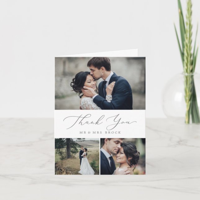 Delicate Silver Calligraphy 3 Photo Collage Thank You Card (Front)