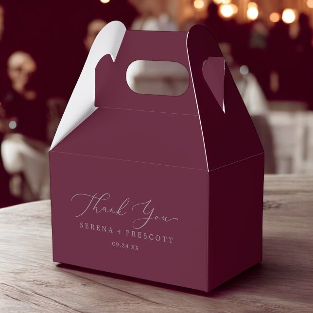 Delicate Silver Calligraphy | Burgundy Thank You Favour Box (Delicate Silver Calligraphy | Burgundy Thank You Favor Boxes)