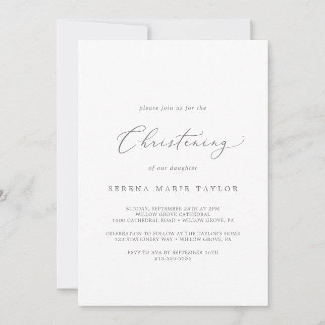 Delicate Silver Calligraphy Christening Invitation (Front)