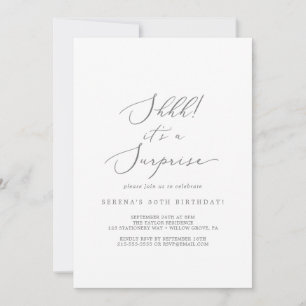 Delicate Silver Calligraphy It's A Surprise Party Invitation