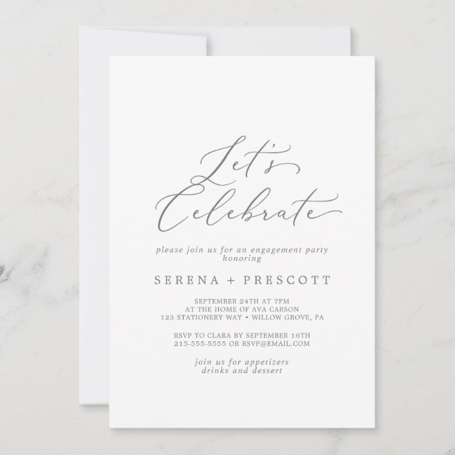 Delicate Silver Calligraphy Let's Celebrate Invitation (Front)