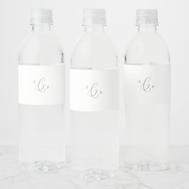 Delicate Silver Calligraphy Monogram Wedding Water Bottle Label (Bottles)
