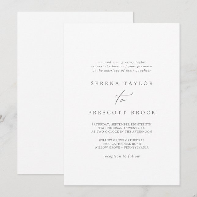 Delicate Silver Calligraphy Traditional Wedding Invitation (Front/Back)