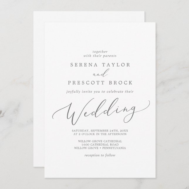 Delicate Silver Calligraphy Wedding Invitation (Front/Back)