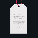 Delicate Silver Calligraphy Wedding Welcome Gift Tags<br><div class="desc">These delicate silver calligraphy wedding welcome gift tags are perfect for a modern wedding. The romantic minimalist design features lovely and elegant silver grey typography on a white background with a clean and simple look. Personalise the tags with the location of your wedding, a short welcome note, your names, and...</div>