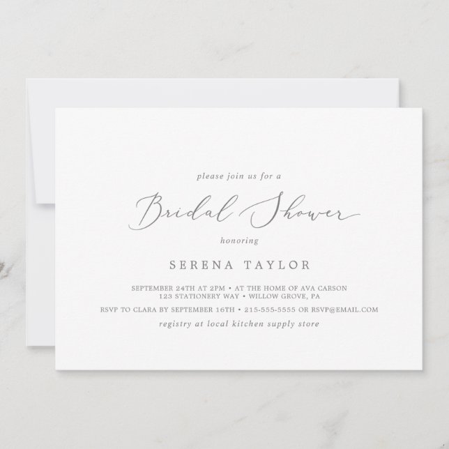 Delicate Silver Horizontal Bridal Shower Invitation (Front)