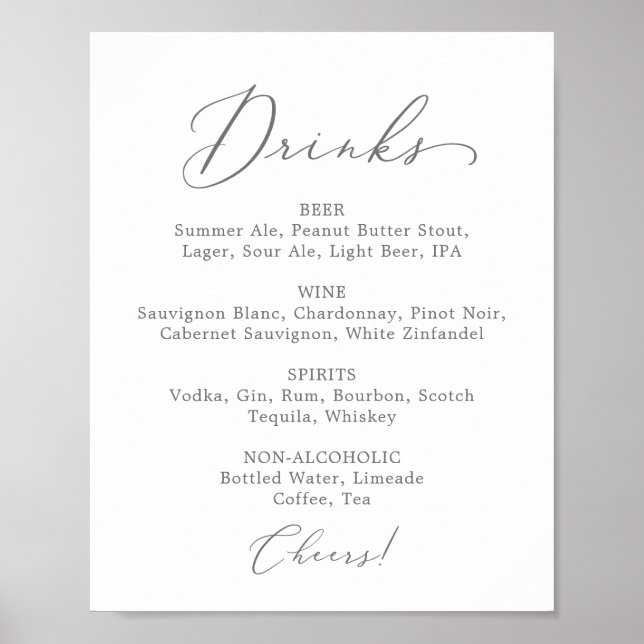 Delicate Silver Wedding Drink Menu Sign (Front)