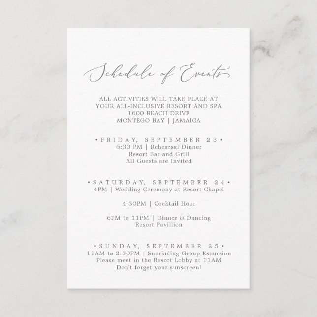 Delicate Silver Wedding Weekend Schedule of Events Enclosure Card (Front)