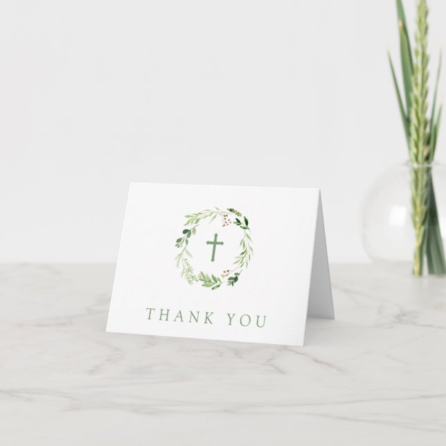 Delicate Soft Green Leaf Wreath Thank You Card (Front)