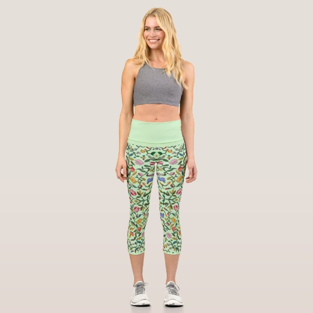 Delicate soft intricate floral pattern capri leggings (Front)