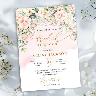 Delicate soft pastel pink roses gold Bridal shower Invitation