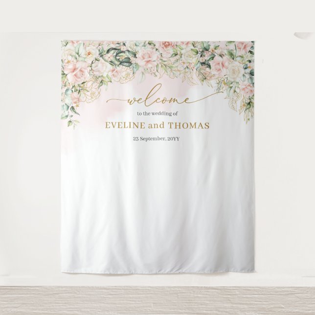 Delicate soft pastel pink roses wedding backdrop tapestry (Front)
