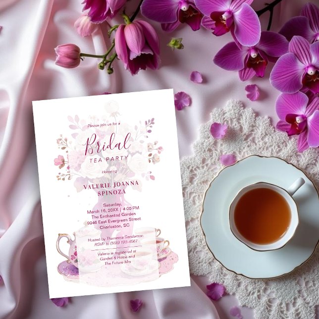 Delicate Sophisticated Magenta Vintage Tea Set Invitation (Delicate Sophisticated Deep Magenta Vintage Tea Set Bridal Shower Invitations Cards.)