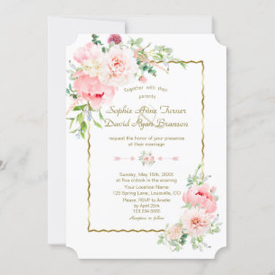 Delicate Spring Blush Flowers Gold Frame Wedding Invitation