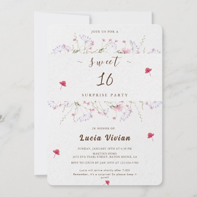 Delicate Spring Wildflower Sweet 16 Surprise Party Invitation (Front)
