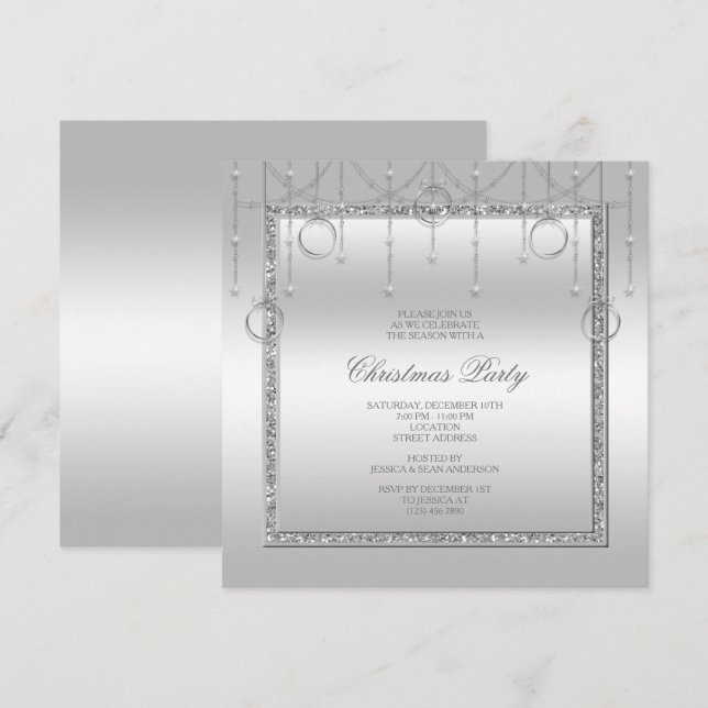 Delicate Stars & Rings Silver Christmas Party Invitation (Front/Back)