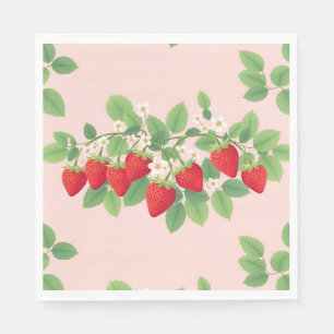 Delicate Strawberries With Green Leaves & Flowers Napkin