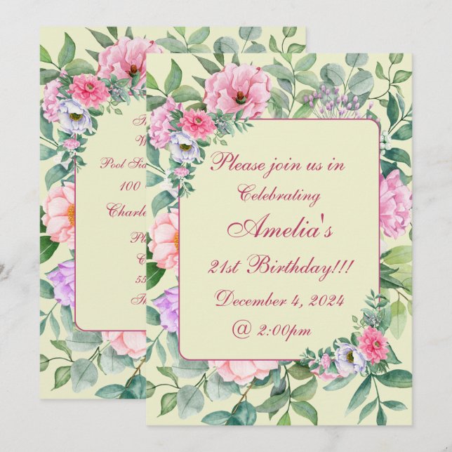Delicate Summer Garden Party Floral Birthday Invitation (Front/Back)