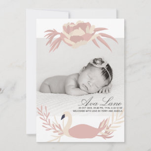 Delicate Swan Baby Girl Floral Pink Custom Photo Announcement