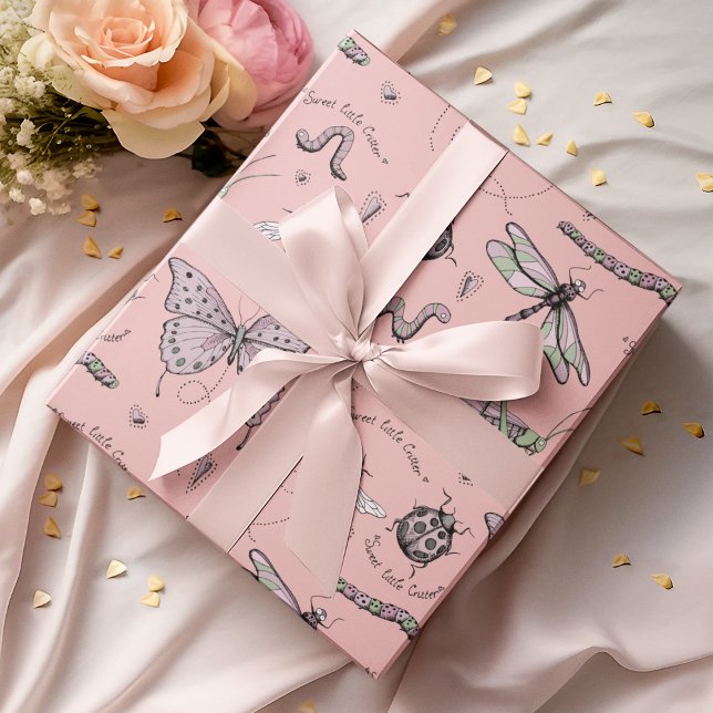 Delicate Sweet Little Critter Feminine Blush Pink Wrapping Paper (An adorable, feminine BLUSH PINK Insect Wrapping Paper pattern for baby girls or mothers-to-be :))