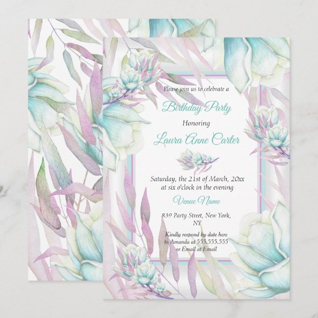 Delicate Teal Purple Floral Watercolor Birthday Invitation (Front/Back)