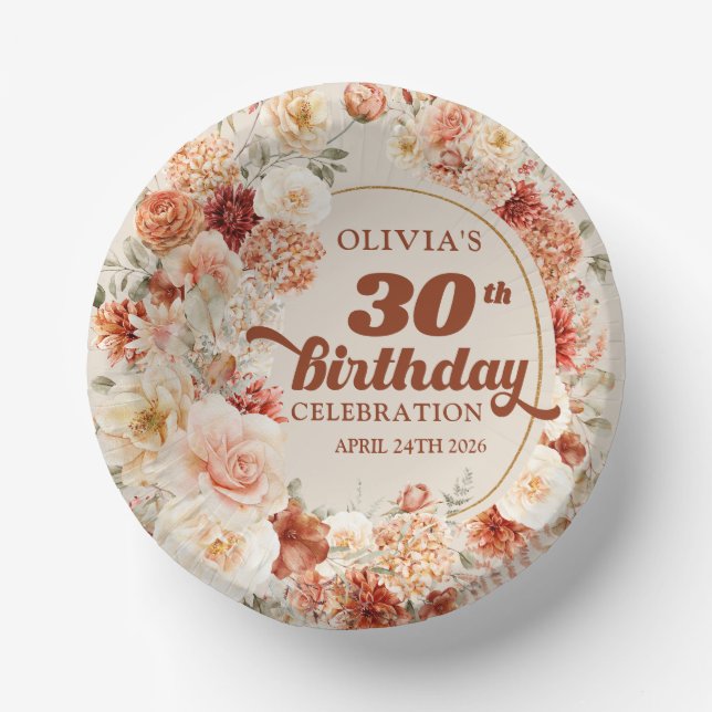 Delicate terracotta blush tan sage floral 30th paper plate (Front)
