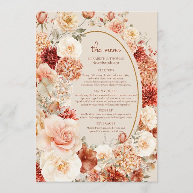 Delicate terracotta blush tan sage floral menu (Front)