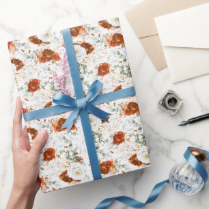 Delicate Terracotta Floral Botanical Gold Leaf Wrapping Paper