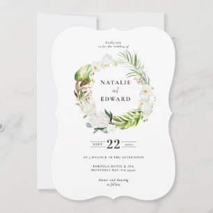 Delicate tropical floral wreath wedding invitation