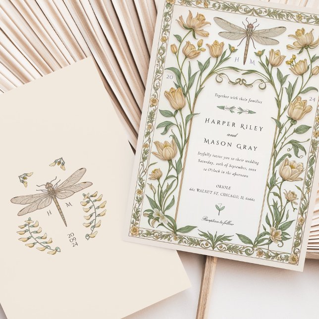 Delicate Tulips Nouveau Wedding Dragonfly Floral Invitation (Creator Uploaded)