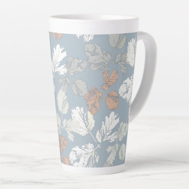 Delicate twigs with leaves on blue. latte mug (Right Angle)